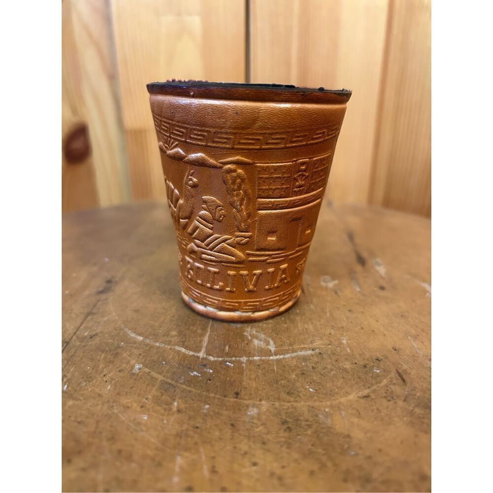 Vintage Mexican Embossed brown leather dice cup set (8236)